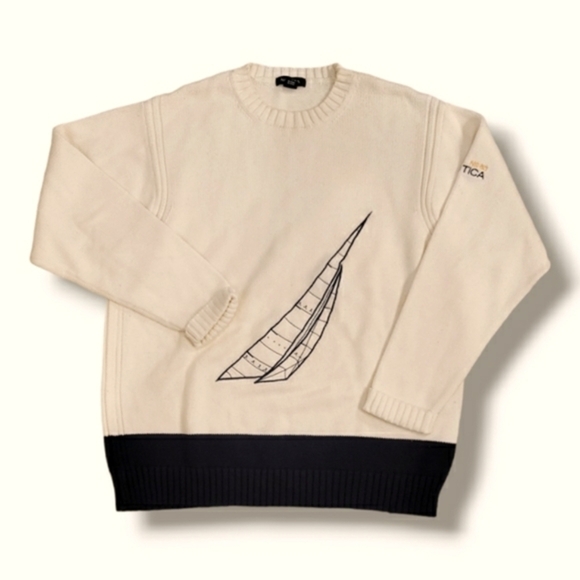 Nautica Vintage Cream And Navy Blue Crewneck Sweater - Size Large - Picture 2 of 6